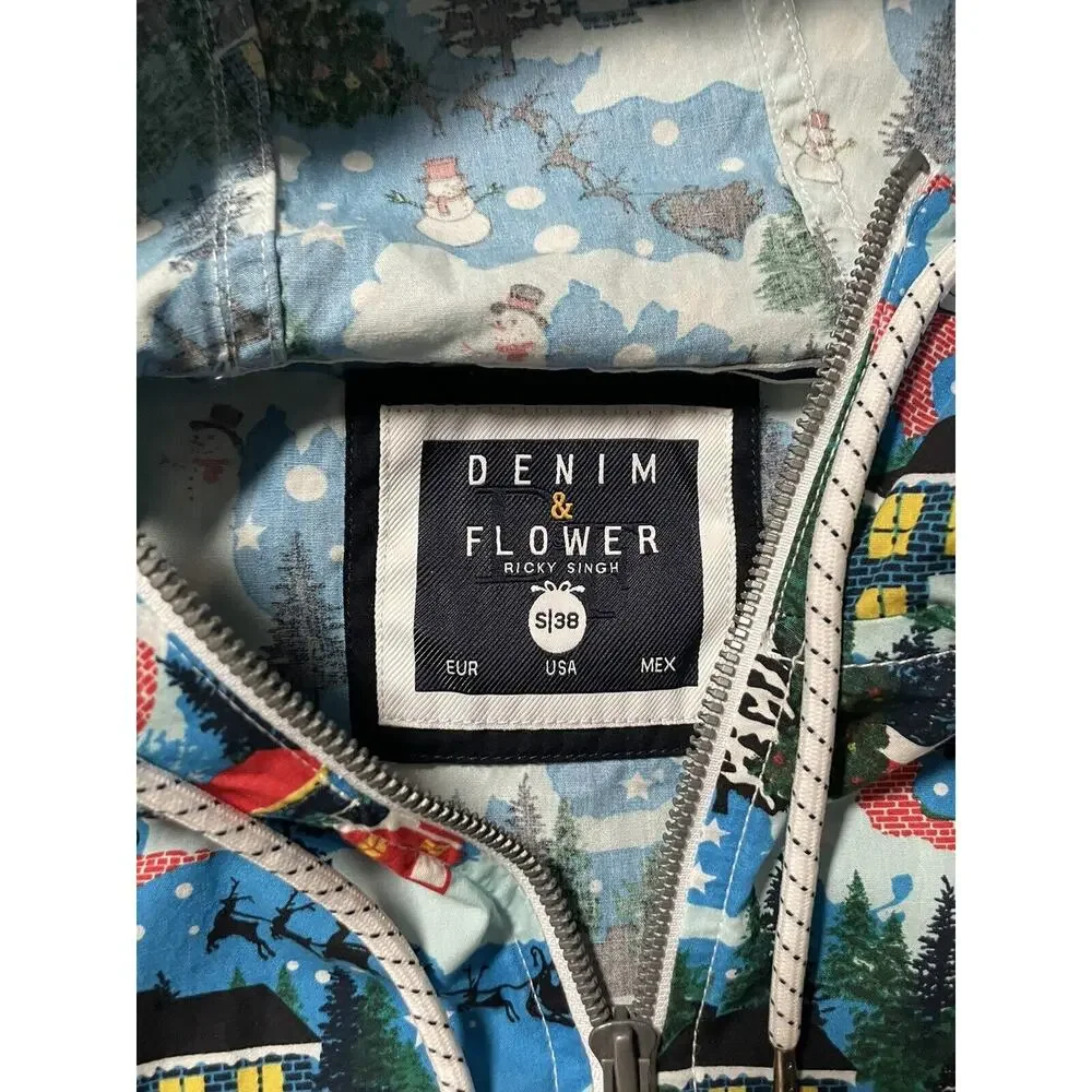 Christmas Village Jacket Denim & Flower Snow Snowman Ricky Singh Size S 38